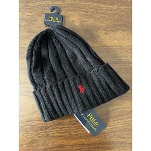 POLO RALPH LAUREN BLACK Wool-Blend Beanie Red Pony Cuff rib-knit Hat